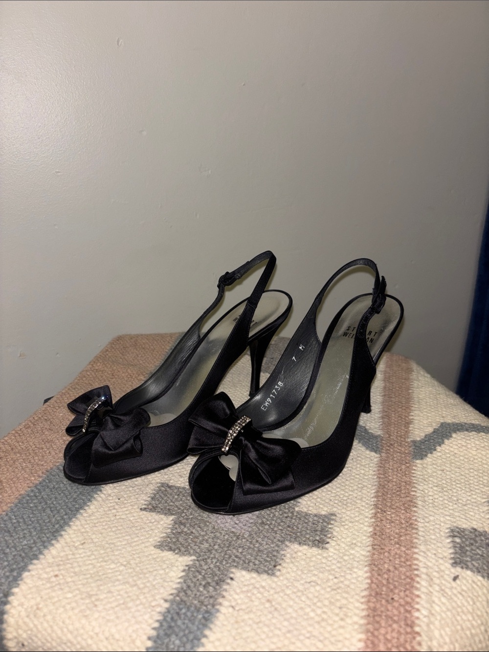 Stuart Weitzman Black Satin Slingback Peep-Toe Heels with Bow and Crystal Accent